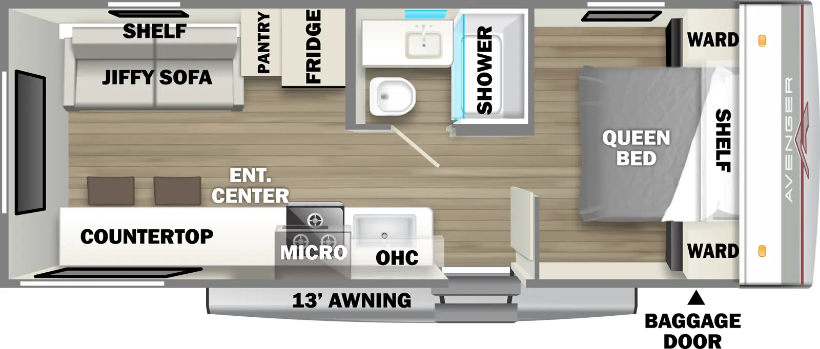 The Avenger 22MKLE floorplan has one entry and zero slide outs. Exterior features include: fiberglass exterior and 13' awning. Interiors features include: front bedroom and rear living.